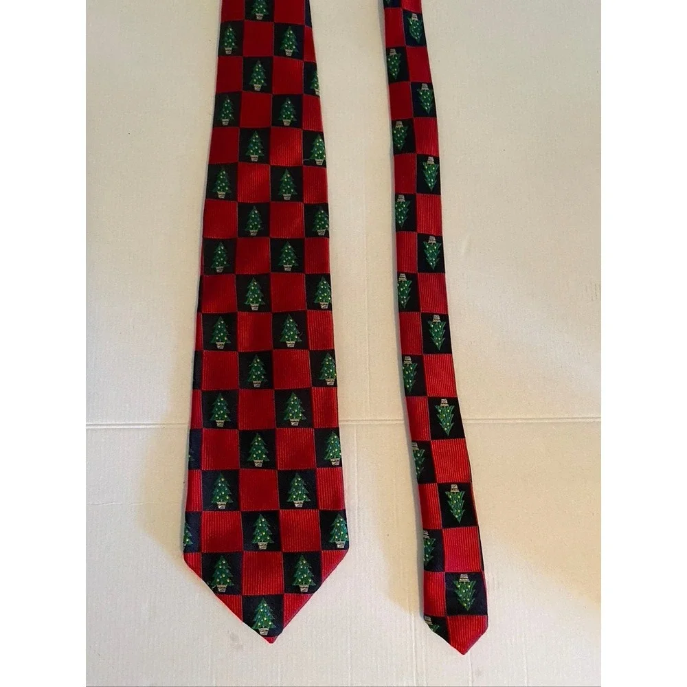Lands End Mens Silk Christmas Tie Red Black Checkered Holiday Tree Handsewn USA